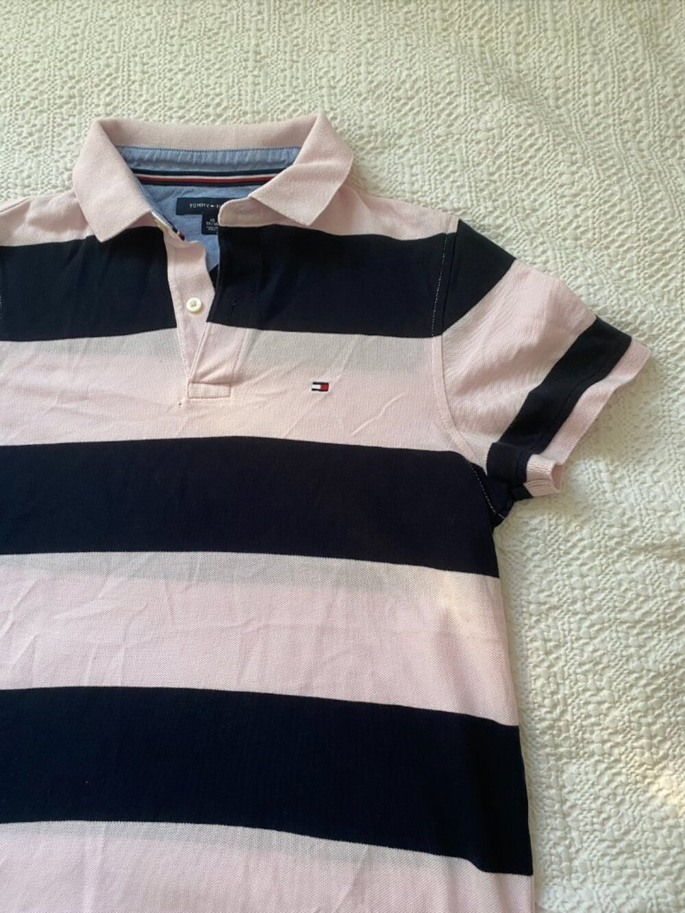 Tommy Hilfiger Men's Pink & Navy Block Striped Rugby Polo Shirt XS